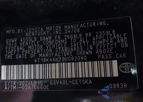 2009 Toyota Camry Se V6 from USA, damaged, VIN 4T1BK46K79U082040